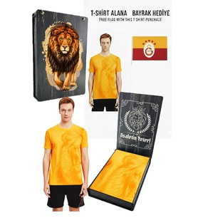 Galatasaray Orijinal Lisanslı Aslan Baskılı Sarı T-Shirt Bayrak ve UV Kutu Hediyeli