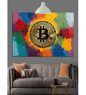 Renkli Fonda Bitcoin Sembolü Dekoratif Kanvas - Mdf Ahşap Tablo