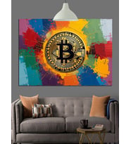 Renkli Fonda Bitcoin Sembolü Dekoratif Kanvas - Mdf Ahşap Tablo