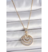 316L Çelik Gold Renk Zirkon Taşlı Madalyon Model Kadın Kolye