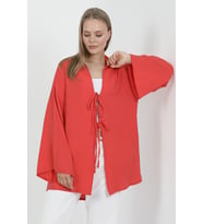 Doğal Viskon Kumaş Cepli Bağcıklı Kadın Kimono 1167 – Hafif, Dökümlü, Akışkan, Yazlık Model (Kırmızı)