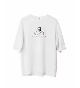 Unisex Bisiklet Yaka Baskılı Oversize T-Shirt - Beyaz