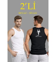 Erkek Spor Slimfit Fitilli Kaşkorse Arka Basklı Atlet 2'li Set Siyah-Beyaz