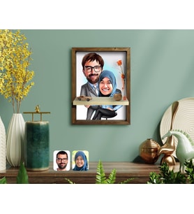 BK Gift Kişiye Özel Sevgililer Karikatürlü Doğal Masif Ahşap Çerçeveli Tablo Duvar Rafı-59