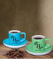 BK Gift Kişiye Özel Baş Harfli İsimli Mavi ve Yeşil Renk İkili Türk Kahvesi Fincan Seti-1, Ev Hediyesi, Arkadaşa Hediye, Doğum Günü Hediyesi