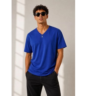 Erkek V Yaka Basic Tişört Kısa Kol Yazlık Regular Fit T-Shirt - Saks Mavisi