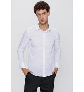 Beyaz Uzun Kol Düz Bez Ayağı 041 Sert Yaka Basic Slim Fit Gömlek 1004245057