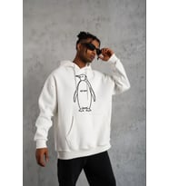 Erkek Nihilist Penguen Özel Tasarım Oversize Kapüşonlu Sweatshirt - Beyaz