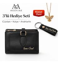 Ayleen Ayz Kişiye Özel Kadın Hediye Seti – İsimli Cüzdan + Kolye + Anahtarlık  3’lü Şık Hediye Seti (Siyah)