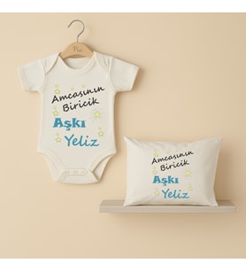 Pia Baby B29 %100 Pamuk Amcasının Biricik Aşkı Yazılı İsme Özel Bebek Body Ve Yastık Kılıfı (Ekru)