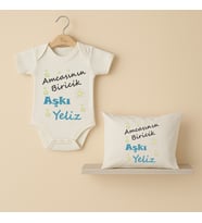 Pia Baby B29 %100 Pamuk Amcasının Biricik Aşkı Yazılı İsme Özel Bebek Body Ve Yastık Kılıfı (Ekru)