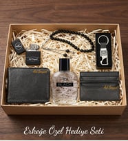 Kişiye Özel Erkek Cüzdan & Kartlık & Tesbih & Benzinli Çakmak & Kancalı Anahtarlık & Rebul Black EDT 50 ml Erkek Parfüm Hediye Seti, Babalar Günü Hediye Seti, Babaya Hediye, Erkeğe Hediye