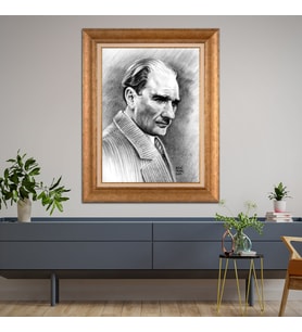 Altın Paspartulu Atatürk  Çerçeveli Tablo C562 (Gold)
