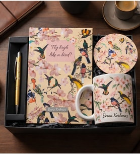 Kişiye Özel Kuş Motifli Ofis Hediye Seti ( Defter & Kupa & Bardak Altlığı & Roller Kalem) Kırtasiye Hediye Seti Öğretmene Hediye