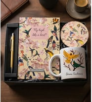Kişiye Özel Kuş Motifli Ofis Hediye Seti ( Defter & Kupa & Bardak Altlığı & Roller Kalem) Kırtasiye Hediye Seti Öğretmene Hediye