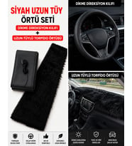 Siyah Uzun Tüylü Torpido Örtüsü (160cmx45cm) + Dikme Direksiyon Kılıfı Seti, Universal Uyumlu, Yumuşak Peluş Torpido Koruyucu