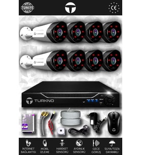 TURKNO 8 Kameralı Galia 8 Dış Kamera Set HDD'siz Full HD Gece Görüşlü Güvenlik Kamerası Sistemi