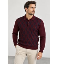 Erkek Polo Yaka Baklava Desenli Triko Kazak - Klasik Kesim Uzun Kollu SM23WT22038-3334-Bordo