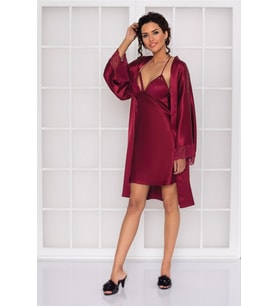 Kadın Saten Dantelli Gecelik & Sabahlık Takım - 4250 Bordo