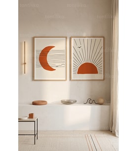 Minimalist Güneş ve Ay 2'li Ahşap Çerçeveli Tablo Seti