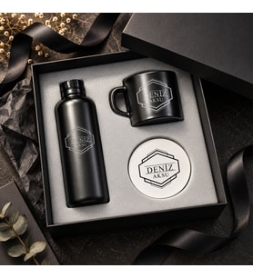 BK Gift Kişiye Özel İsimli Siyah Cam Suluk & Seramik Kupa & MDF Bardak Altlığı - 3'lü Hediye Kutulu Set-3