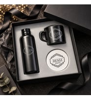 BK Gift Kişiye Özel İsimli Siyah Cam Suluk & Seramik Kupa & MDF Bardak Altlığı - 3'lü Hediye Kutulu Set-3