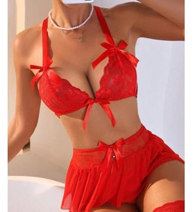 Fantazi Kırmızı Dantelli Fiyonklu Babydol BC9240