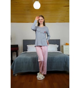 Giyim Kadın Penye Uzun Kol Pijama Takım Gri