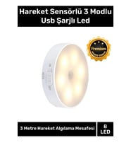 Özel Üretim Mıknatıslı 3 Mod Pratik Hareket Sensörlü 8 Ledli Usb Şarjlı Beyaz Işık Gece Lambası