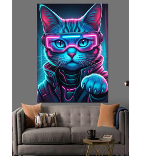 Neon Gözlüklü Siber Kedi Dekoratif Kanvas - Mdf Ahşap Tablo