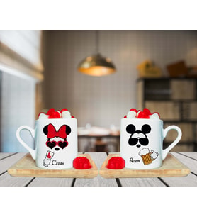Minnie Mouse & Mickey Mouse Çift Tasarımlı Ahşap Tabaklı Kişiye Özel Türk Kahvesi Fincanı Seti