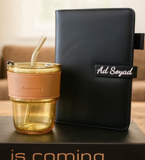 Kişiye Özel İsimli Deri Ajanda & Premium Deri Cup Bardak Seti (Siyah)