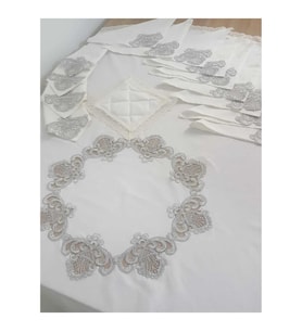 Batik Gümüş Dantelli Pamuk Kumaş Beyaz Mutfak Takımı  17 Parça  442