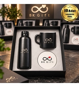 Logonuza Özel 10 Adet 3'lü Siyah Cam Suluk & Seramik Kupa & MDF Bardak Altlığı - Kurumsal Promosyon Seti