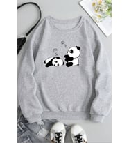 Unisex Uykucu Panda Baskılı Bisiklet Yaka Sweatshirt (Gri)
