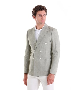Hatemoğlu Olive Slim Fit Kruvaze Düz Basic Keten Ceket (Yeşil)