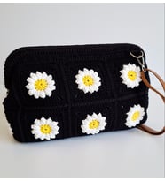 Elchandmade Tığ İşi Örgü Papatya Motifli Siyah Burslu Çanta Tote Bag