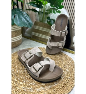 İmerShoes Günlük Kadın Terlik Tek Parmak Arası Rahat Mantar Taban Tokalı Ayarlanabilir Sandalet 147 (Bej)