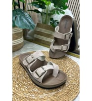 İmerShoes Günlük Kadın Terlik Tek Parmak Arası Rahat Mantar Taban Tokalı Ayarlanabilir Sandalet 147 (Bej)