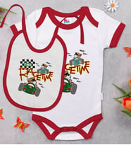BK Kids Race Time Tasarımlı Kırmızı Bebek Body Zıbın ve Mama Önlüğü Hediye Seti-1
