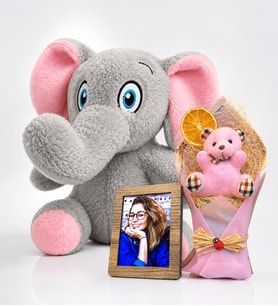 Kişiye Özel Fotoğraflı Pembe Peluş Ayıcık Buketi ve Sevimli Peluş Fil Hediye Seti
