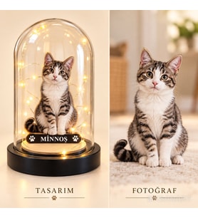 Kişiye Özel Kedi Karikatürlü 18 cm MDF Fanus Biblo - Kişiye Özel Hediye
