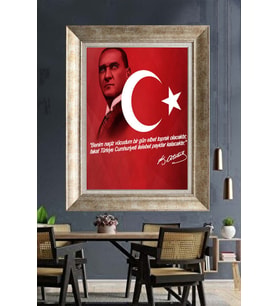 Tablore Atatürk Portreli Kırmızı Türk Bayraklı Çerçeveli Kanvas Tablo Sözlü Ofis Ve Duvar Dekoru