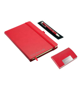 Kişiye Özel Deri Lastikli Defter, Kartvizitlik ve Kalem Seti - Kırmızı