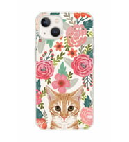 Iphone 14 Plus Uyumlu Kedi ve Çiçek Desenli Şeffaf Telefon Kılıfı
