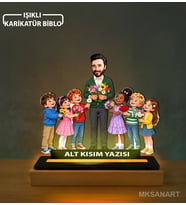 Kişiye Özel Öğretmen Öğrenciler Karikatürlü 14 cm MDF Işıklı Biblo - Öğretmen Hediyesi Öğretmene Özel Hediye