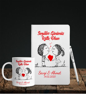 Sevgililer Gününe Özel Beyaz Deri Defter Kalem Kupa Hediye Seti 19