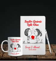 Sevgililer Gününe Özel Beyaz Deri Defter Kalem Kupa Hediye Seti 19
