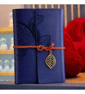 Lacivert Yaprak Desenli Deri Defter