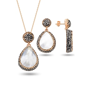 Gümüş rose inci ve zirkon taş ile bezenmiş damla modeli kolye ve küpe ikili set SGTL12730BEYAZ